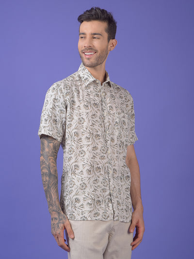 Olive Floral Print Linen Shirt