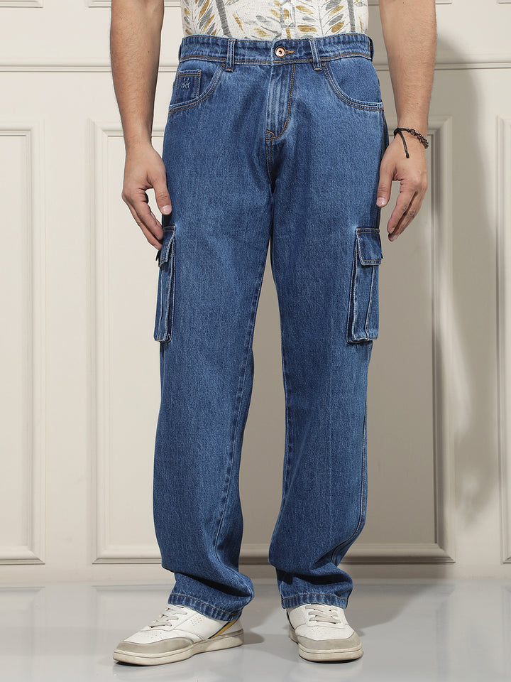 Navy Blue 100% Cotton Cargo Jeans