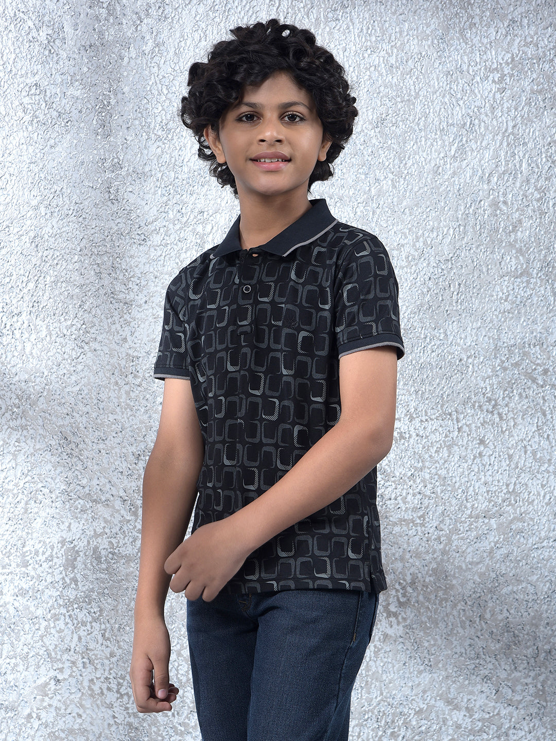 Black Printed Polo Neck T-Shirt