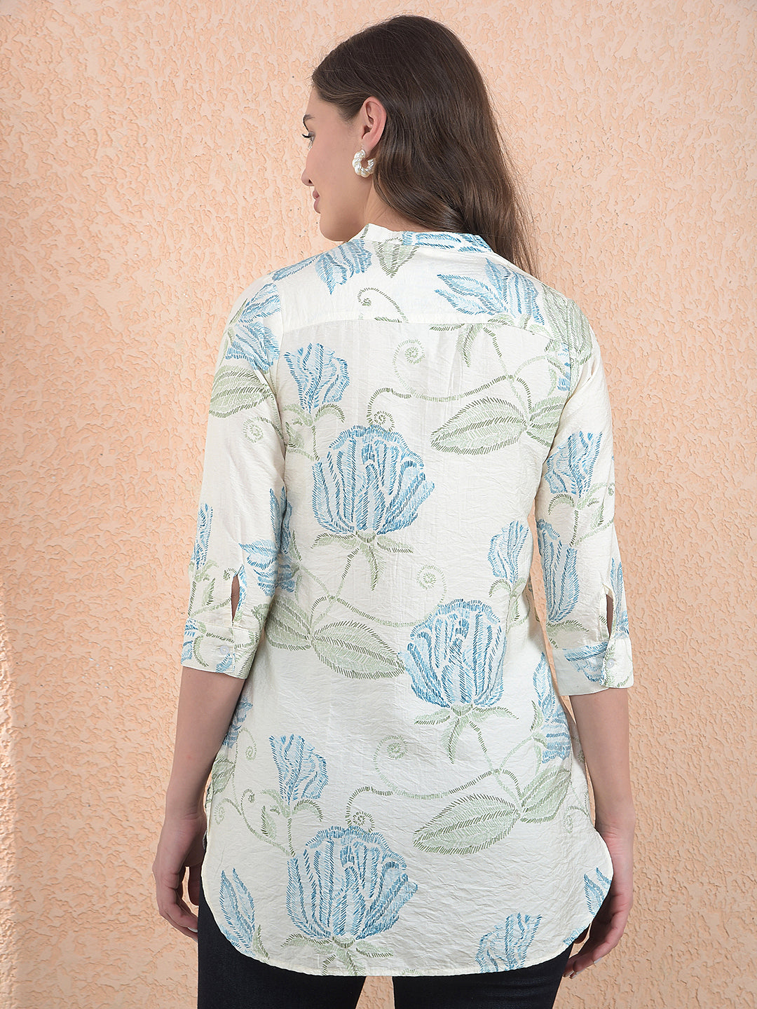 Off White Floral Print V-Neck Top