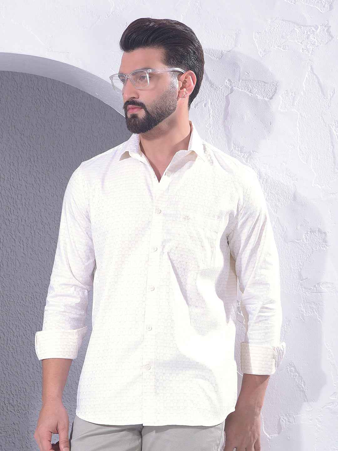 Beige Geometric Print 100% Cotton Shirt