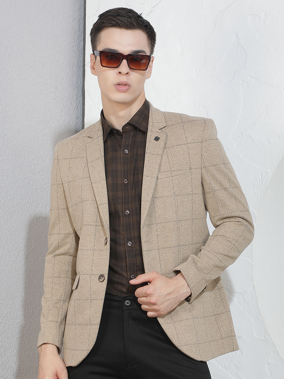 Beige Checked Notched Lapel Blazer