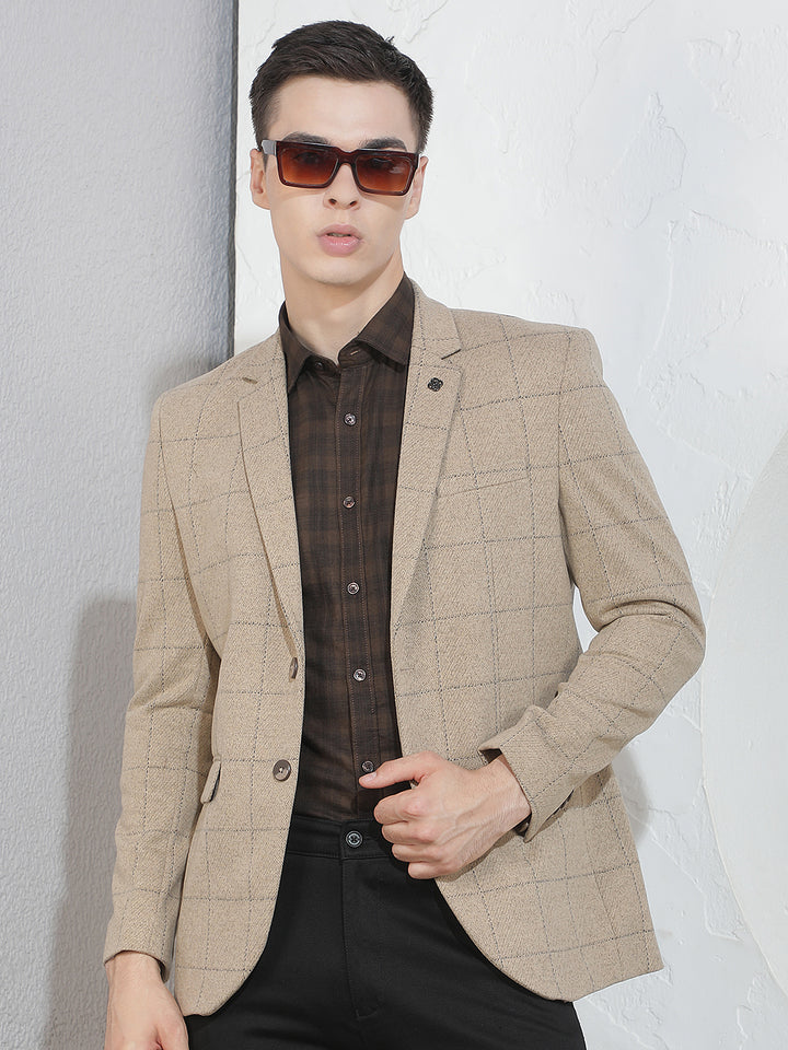 Beige Checked Notched Lapel Blazer
