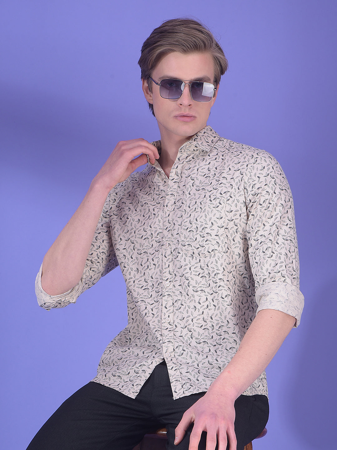 Beige Floral Printed 100% Cotton Shirt