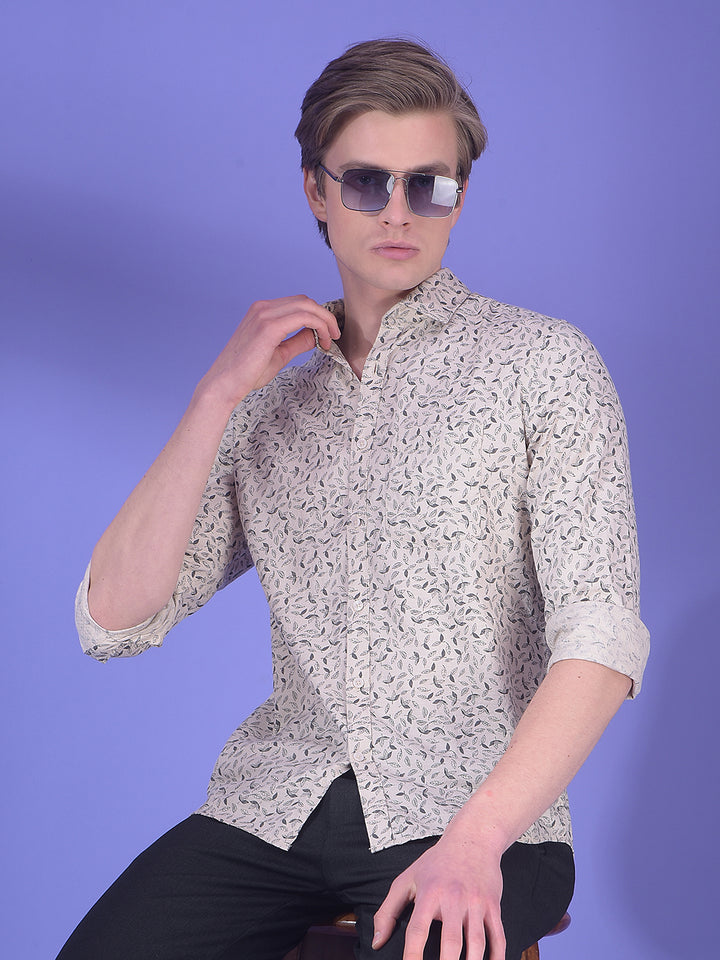 Beige Floral Printed 100% Cotton Shirt