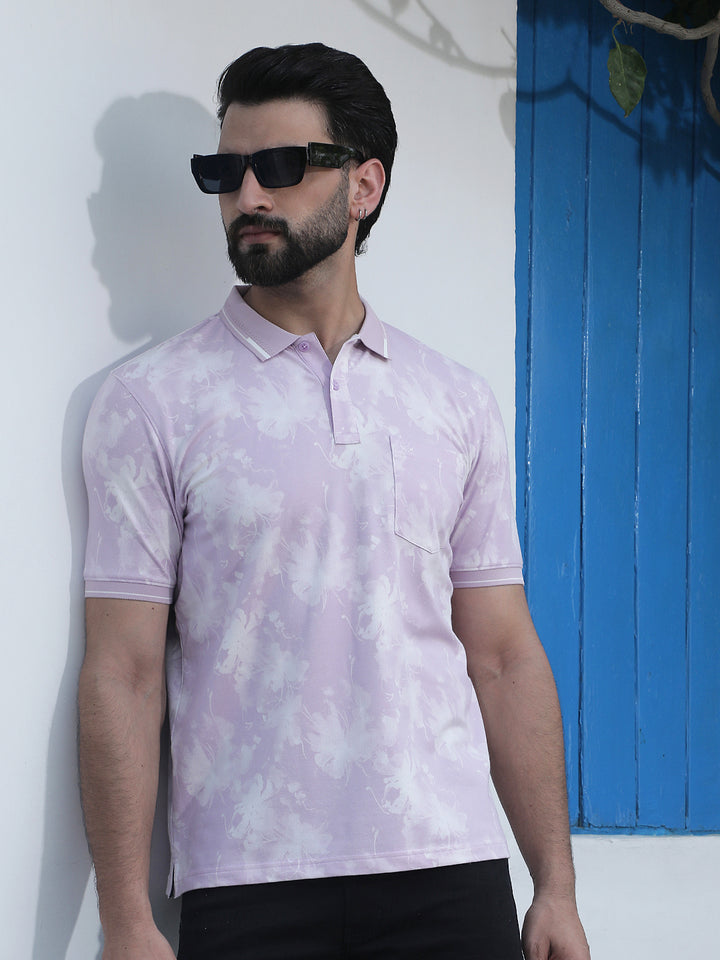 Pink Floral Print Polo Neck T-Shirt