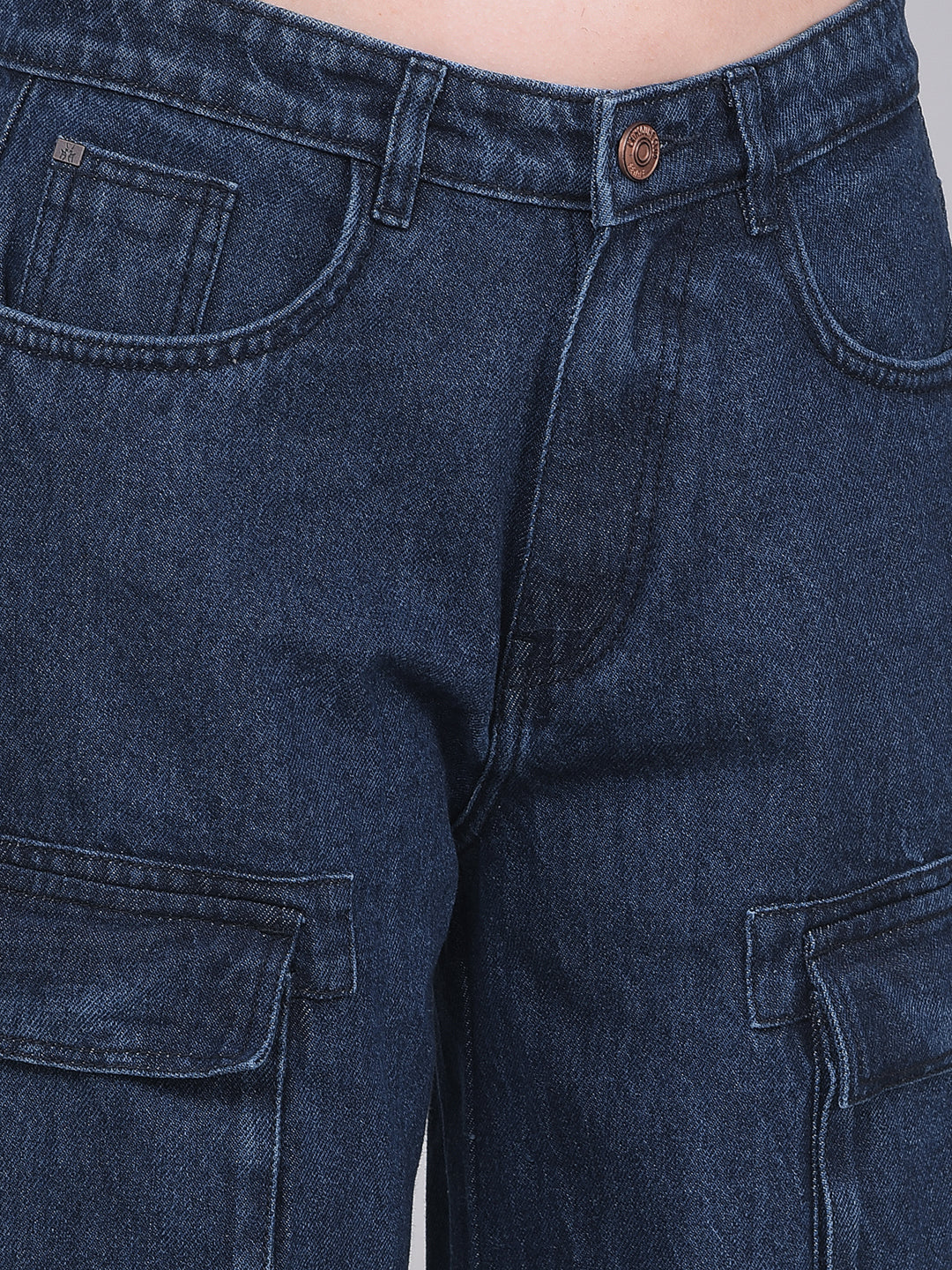 Blue 100% Cotton Cargo Jeans-Women Jeans-Crimsoune Club