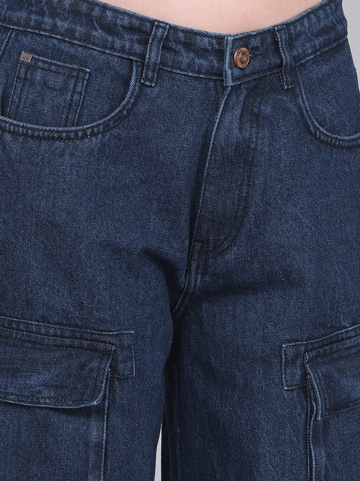 Blue 100% Cotton Cargo Jeans-Women Jeans-Crimsoune Club
