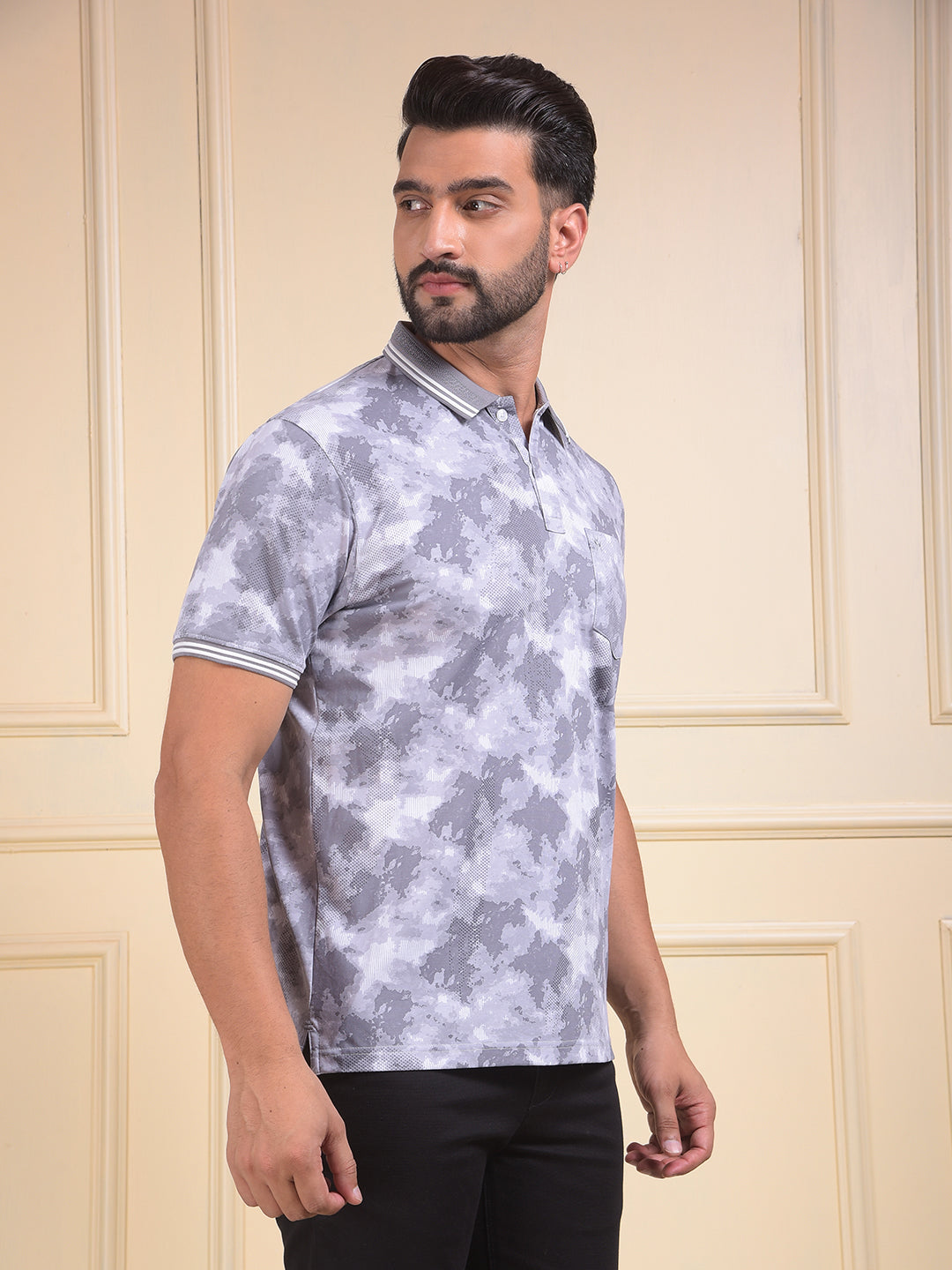 Grey Abstract Print Polo Neck T-Shirt