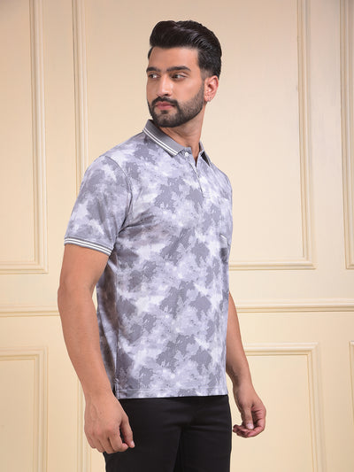 Grey Abstract Print Polo Neck T-Shirt