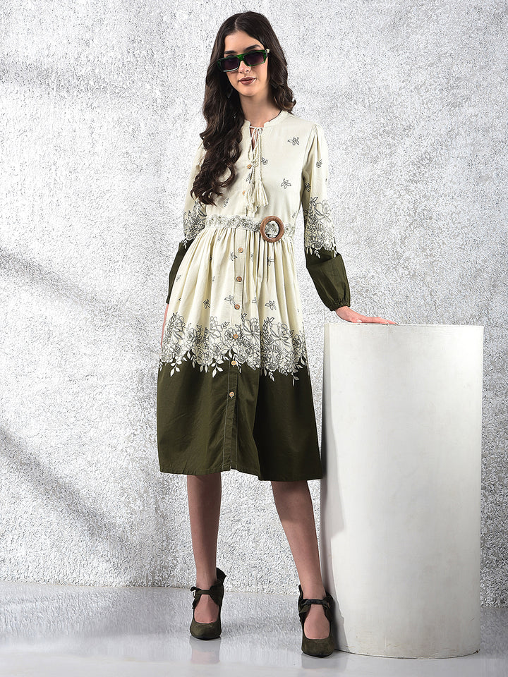 Olive Floral Print V-Neck A-Line Dress With Belt