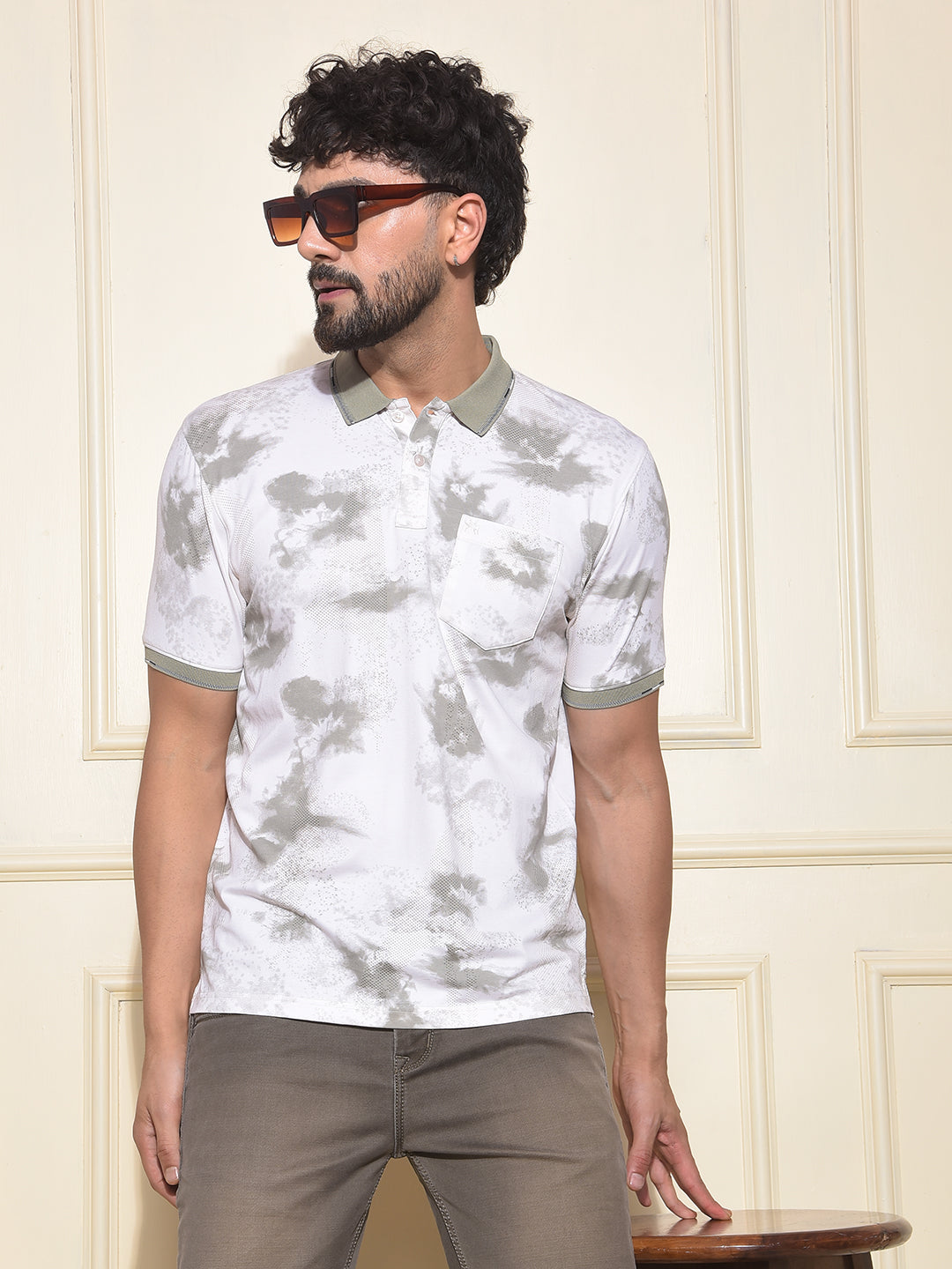 Olive Printed Polo-Neck T-Shirt