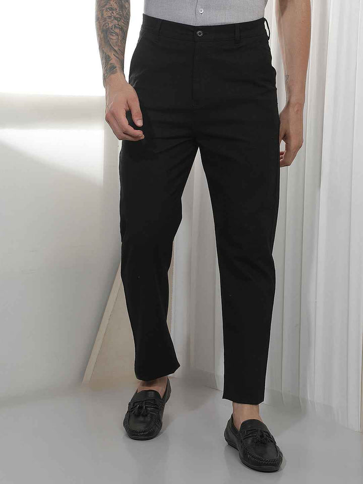Black Textured Cotton Trousers