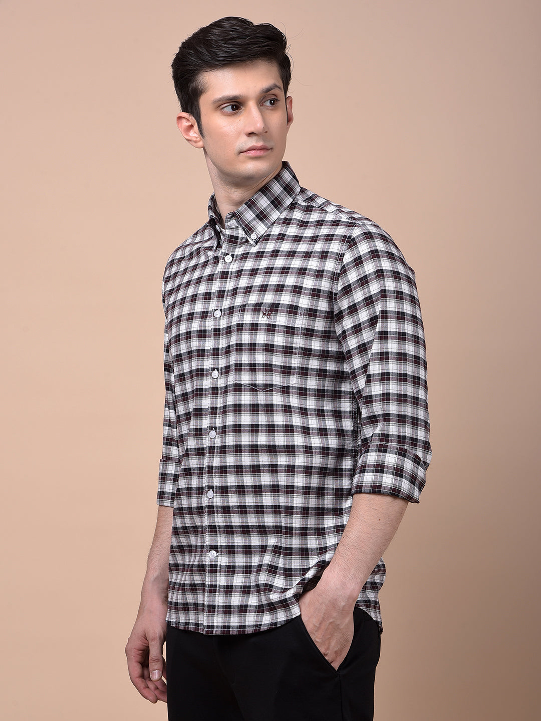 Wine Checked Button-Down Collar 100% Cotton Shirt