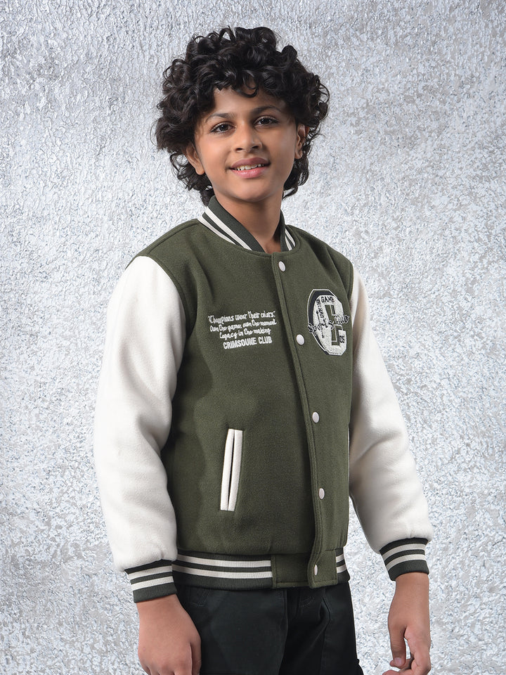 Olive Color-Block Varsity Jacket