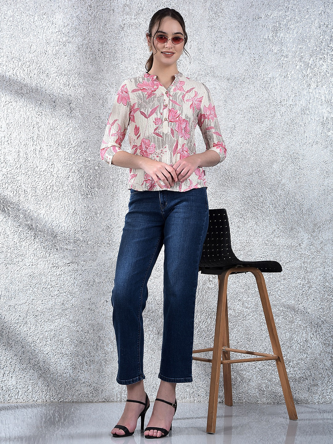 Pink Floral Print V-Neck Top