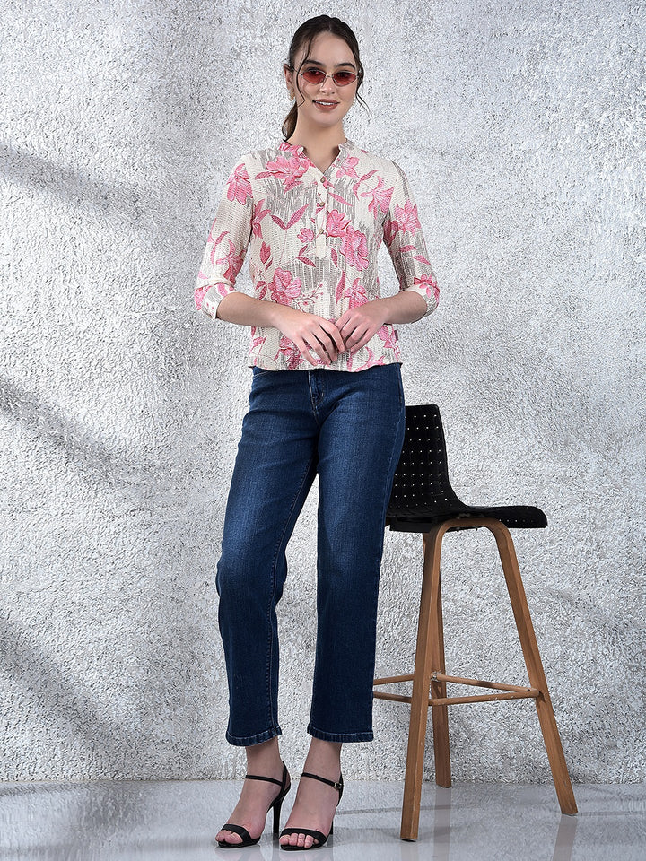 Pink Floral Print V-Neck Top