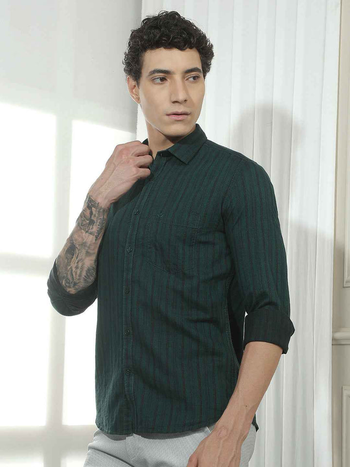 Green Vertical Striped 100% Cotton Shirt