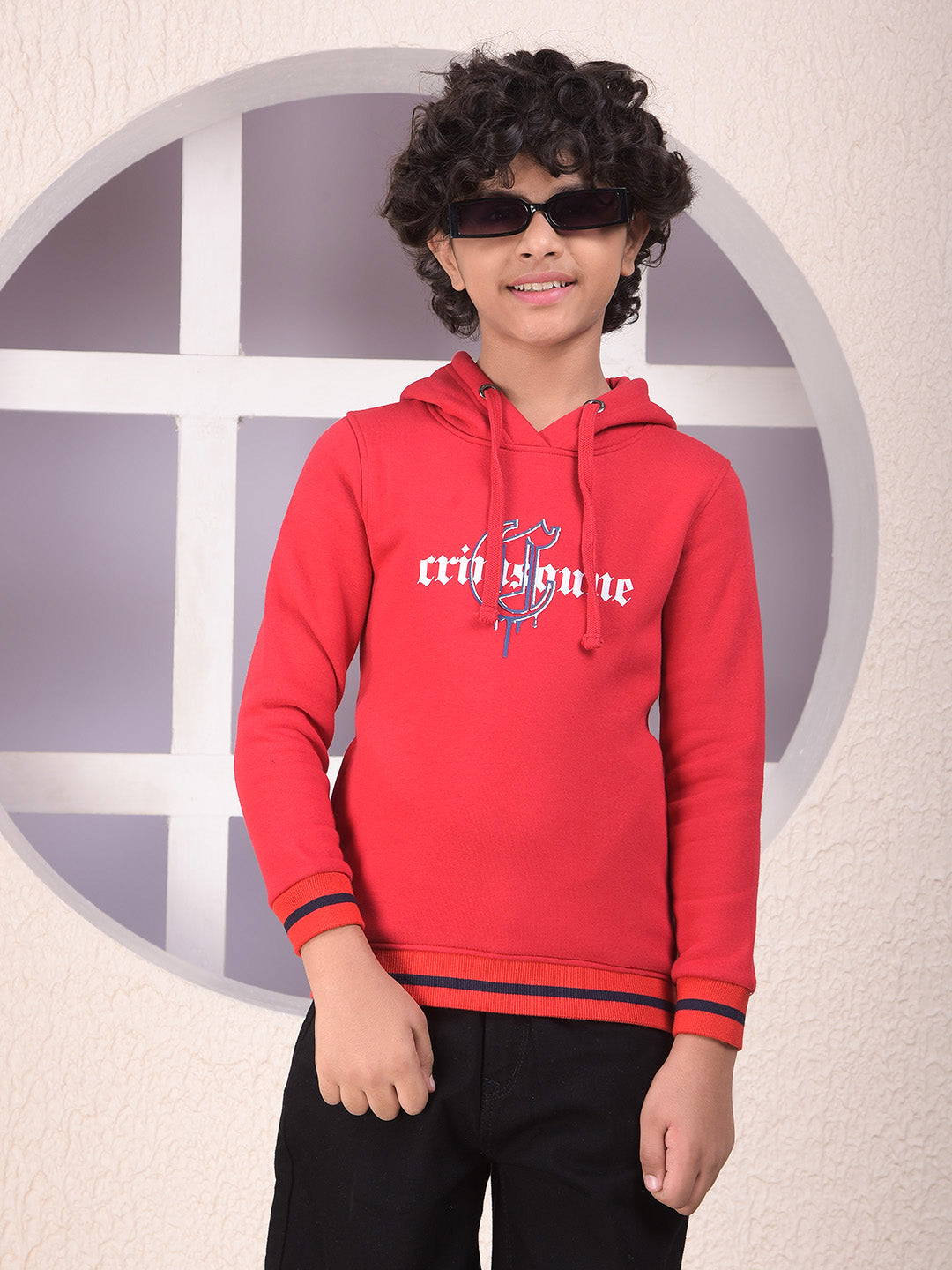 Red Typographic Print Hooded Neck Sweatshirt