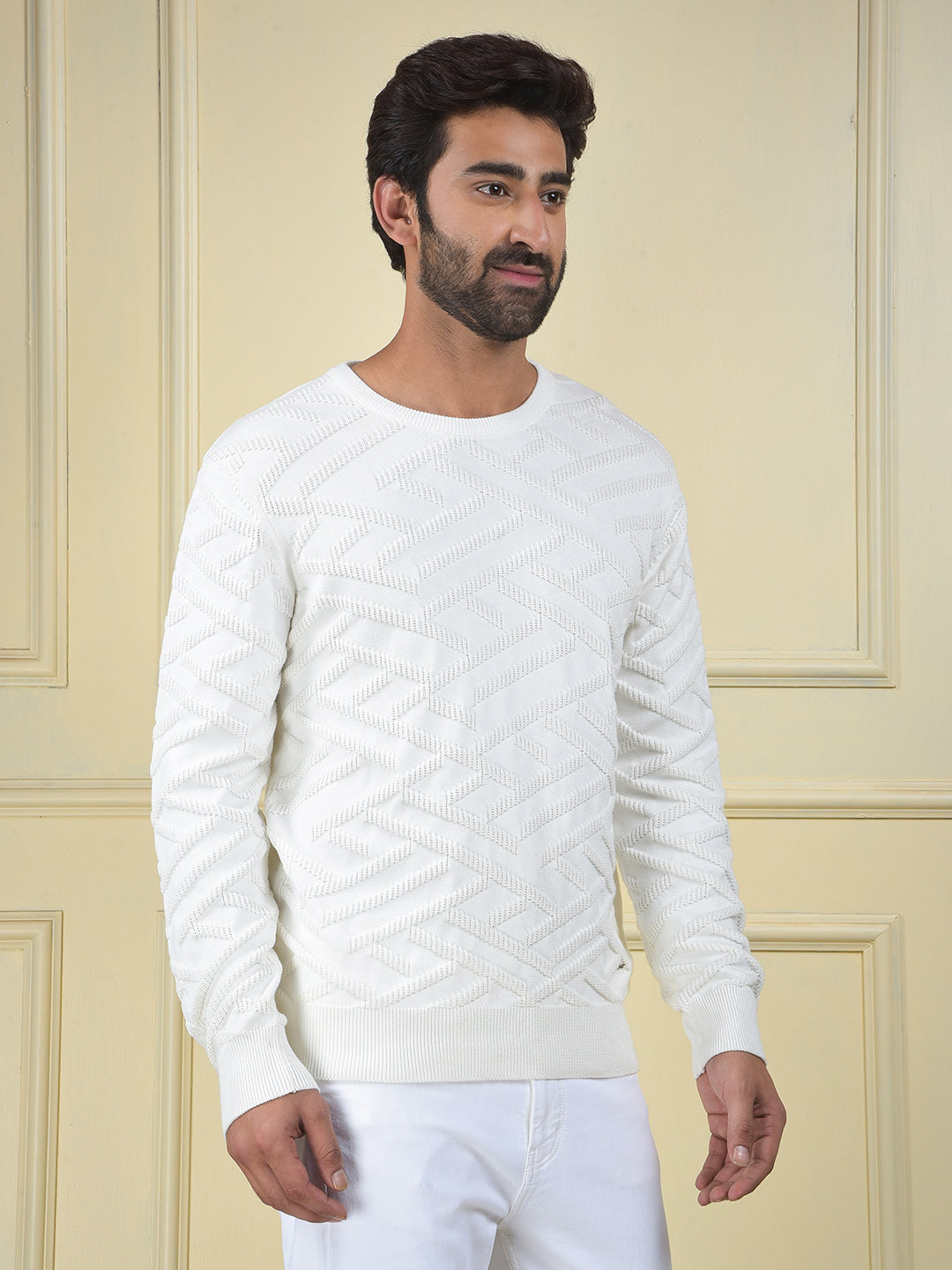 White Jacquard 100% Cotton Sweater