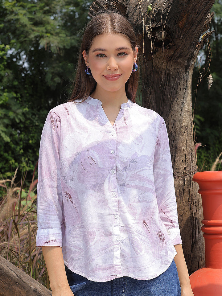 Purple Printed V-Neck Linen Shirt
