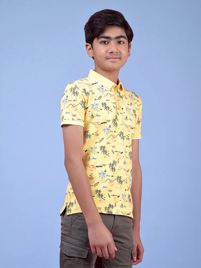 Yellow Floral Print Polo Neck T-Shirt