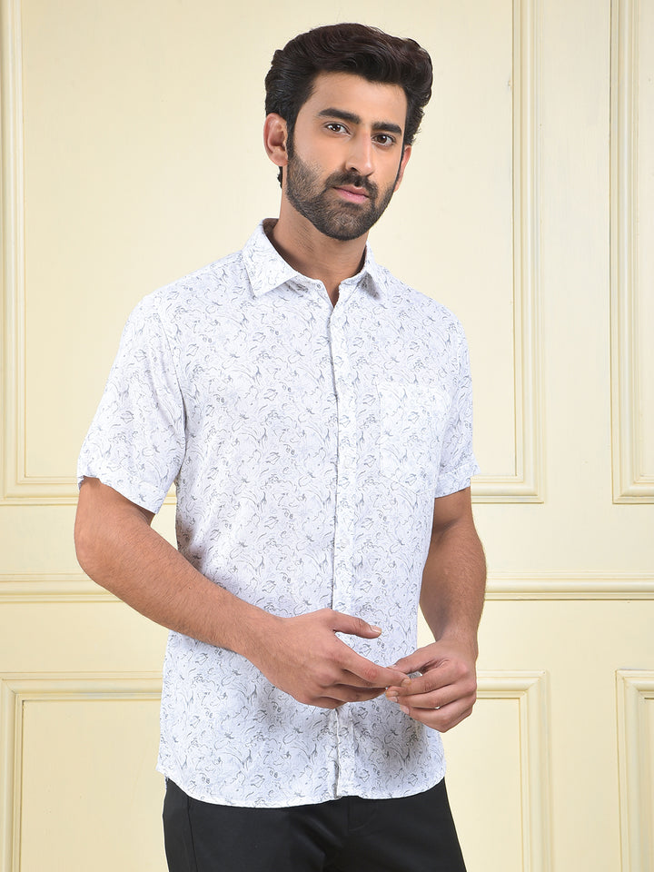 White Floral Print Linen Shirt