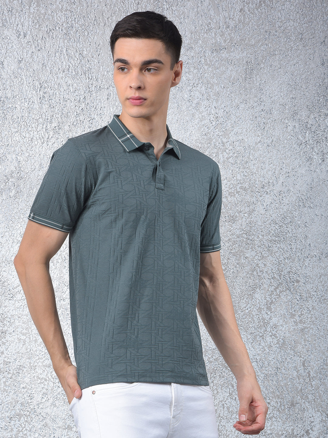 Green Printed Polo-Neck T-Shirt
