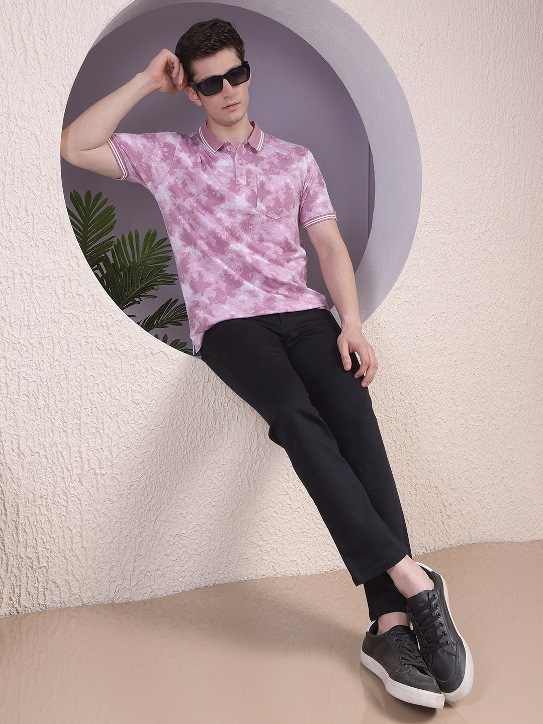 Pink Printed Polo-Neck T-Shirt