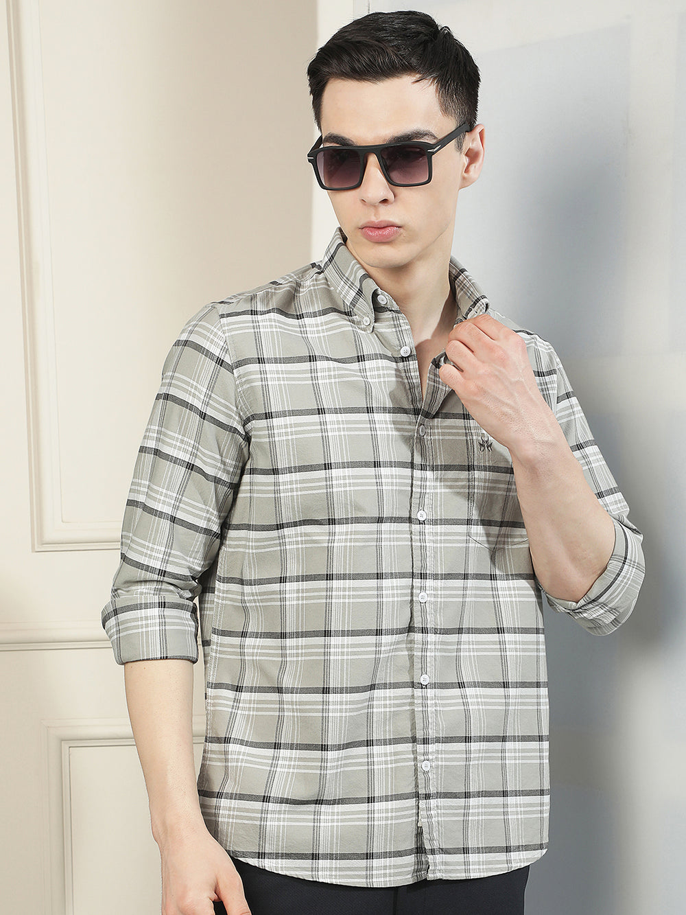 Grey Checked Button-Down Collar 100% Cotton Shirt