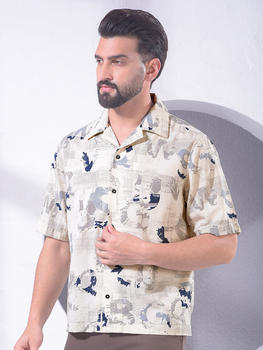 Blue Typographic Print Resort-Collar Linen Shirt