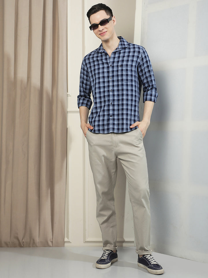 Navy Blue 100% Cotton Checked Shirt