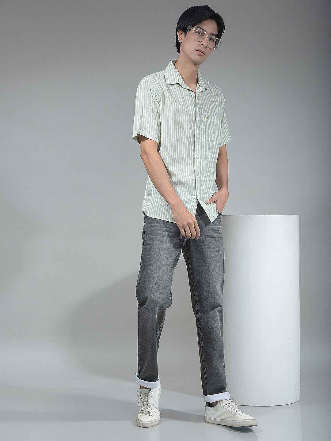 Green Vertical Striped Linen Shirt