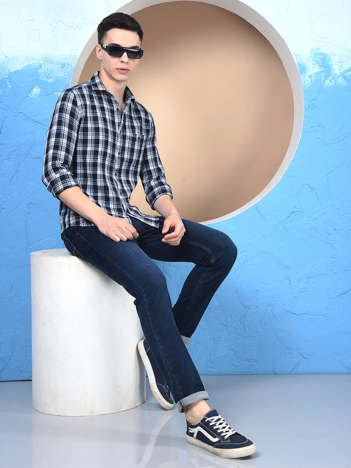 Navy Blue Checked 100% Cotton Knitted Shirt