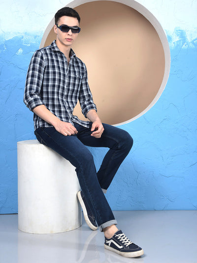 Navy Blue Checked 100% Cotton Knitted Shirt