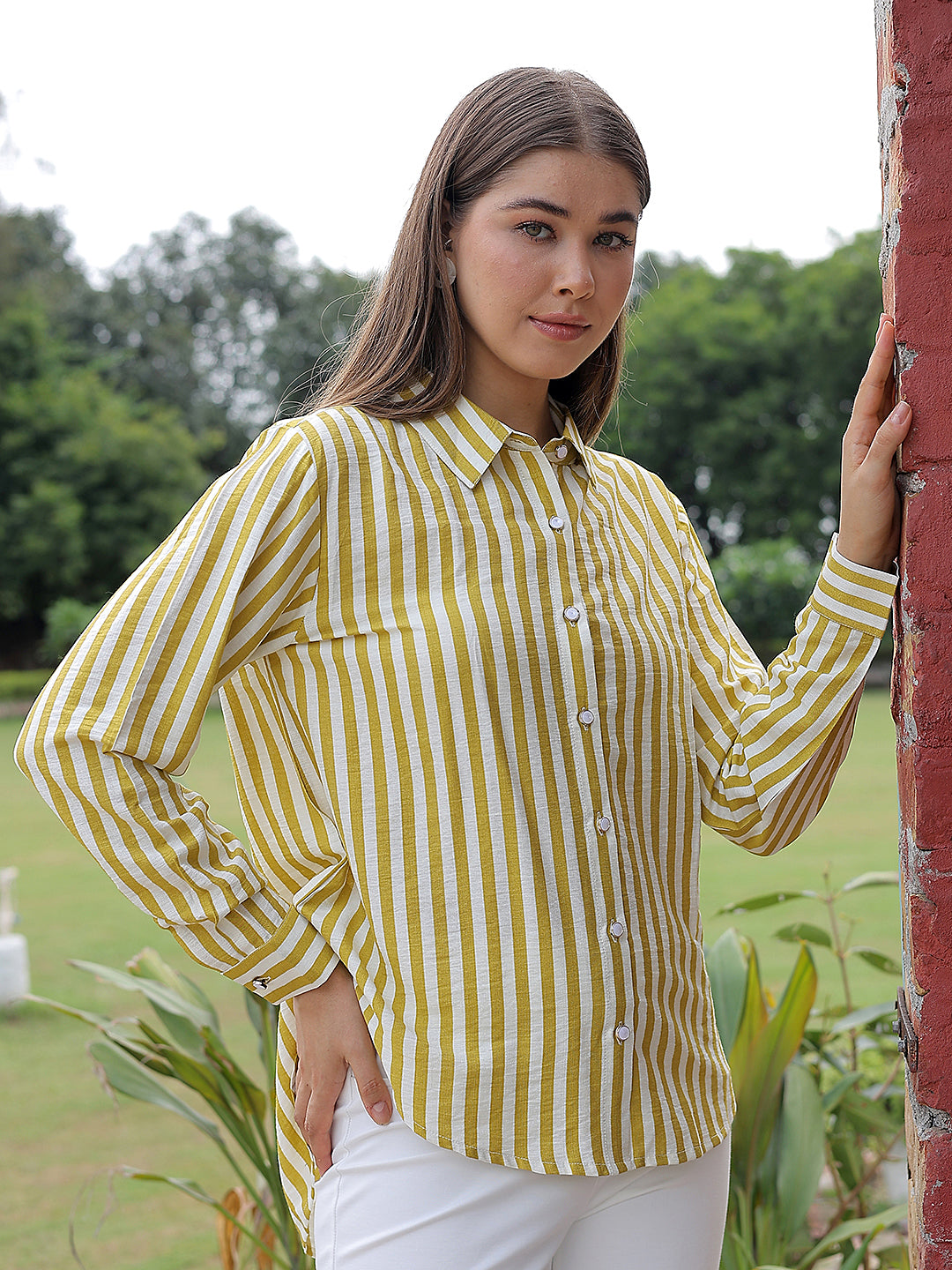 Relaxed Moss Olive Striped Shirt