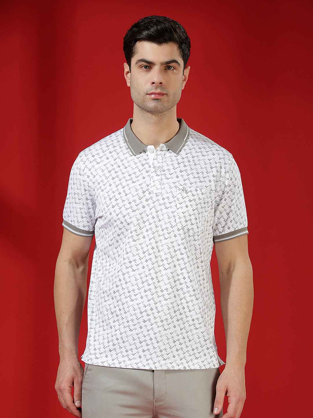 Grey Geometric Print Polo T-Shirt
