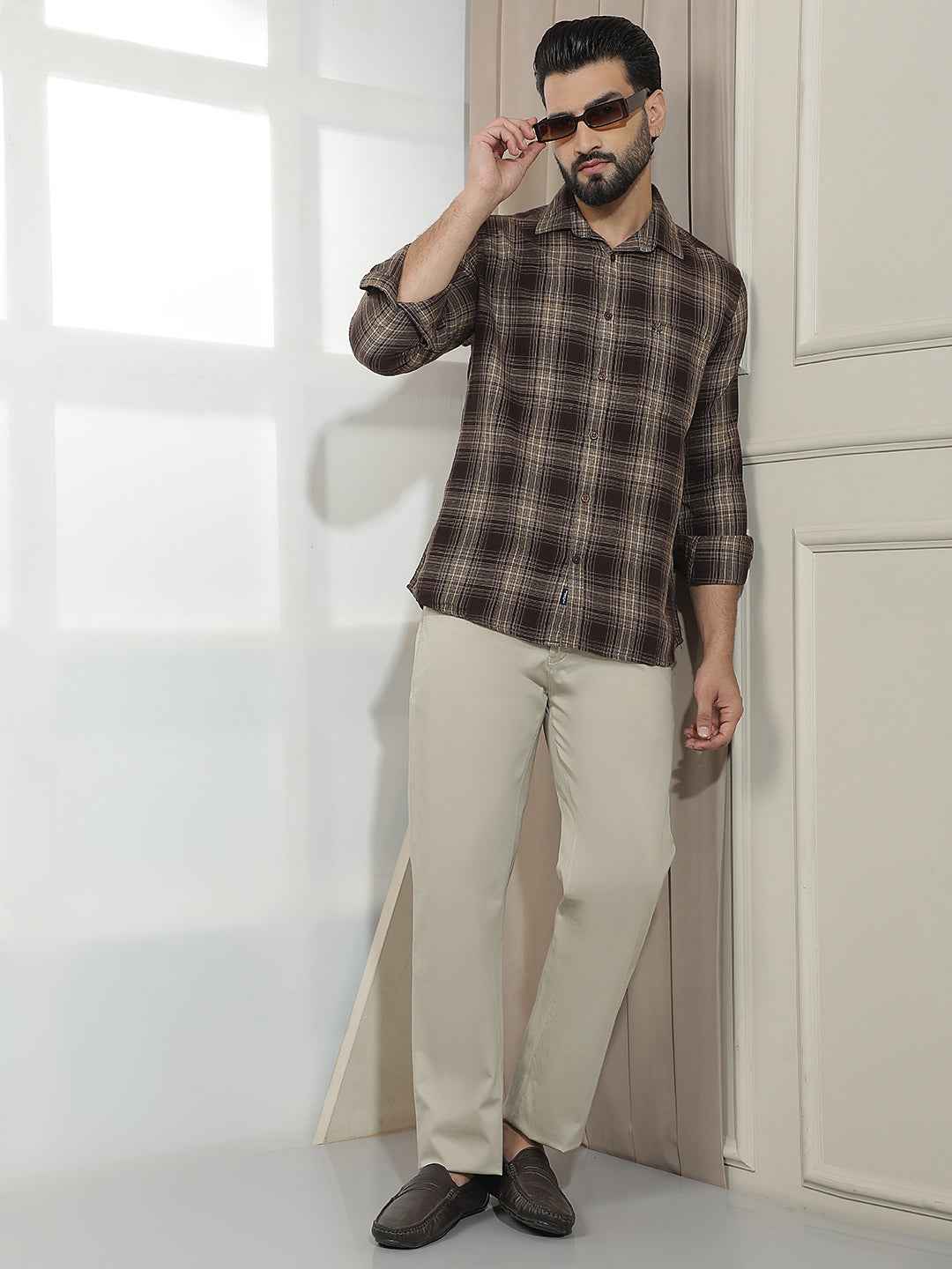 Khaki Dobby Straight Trousers
