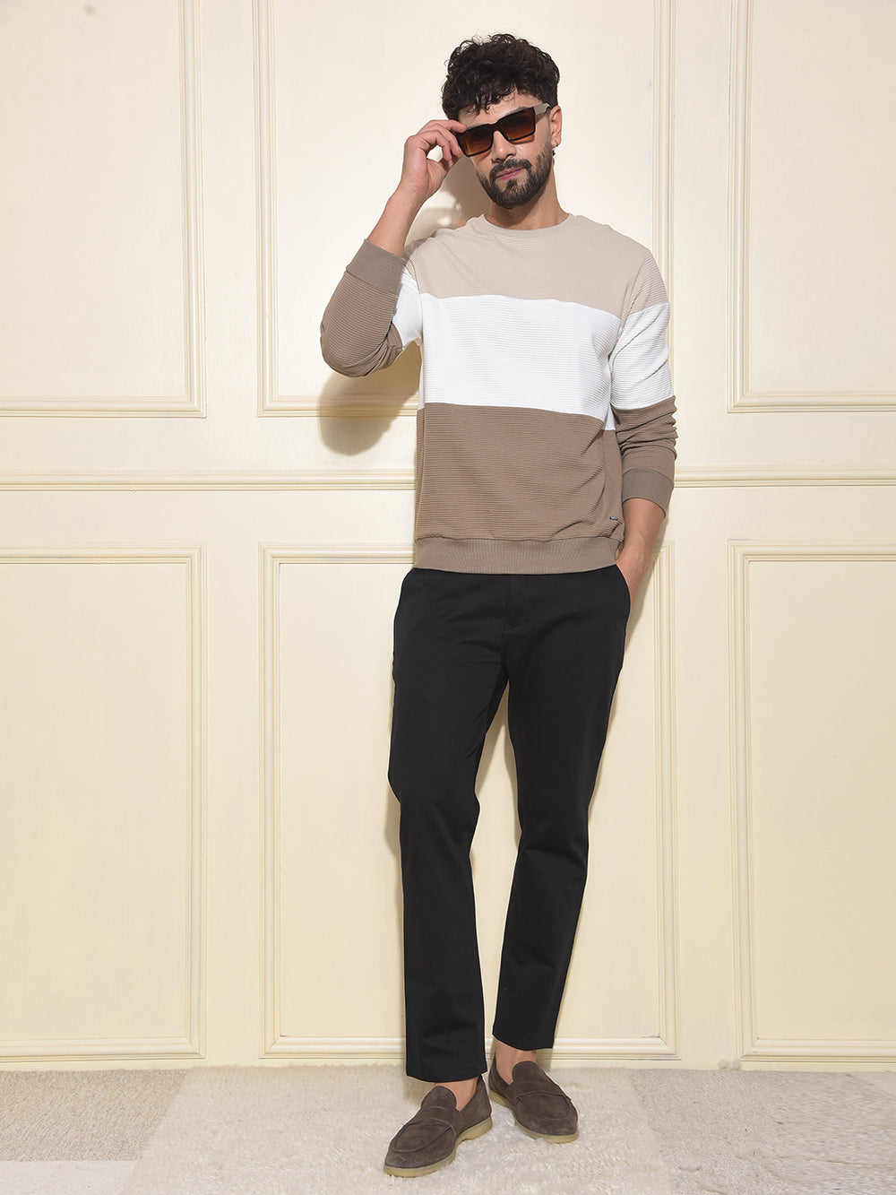 Beige Color-Block Pure Cotton Sweatshirt
