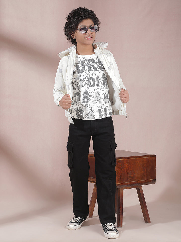 White Printed Hooded Puffer Jacket