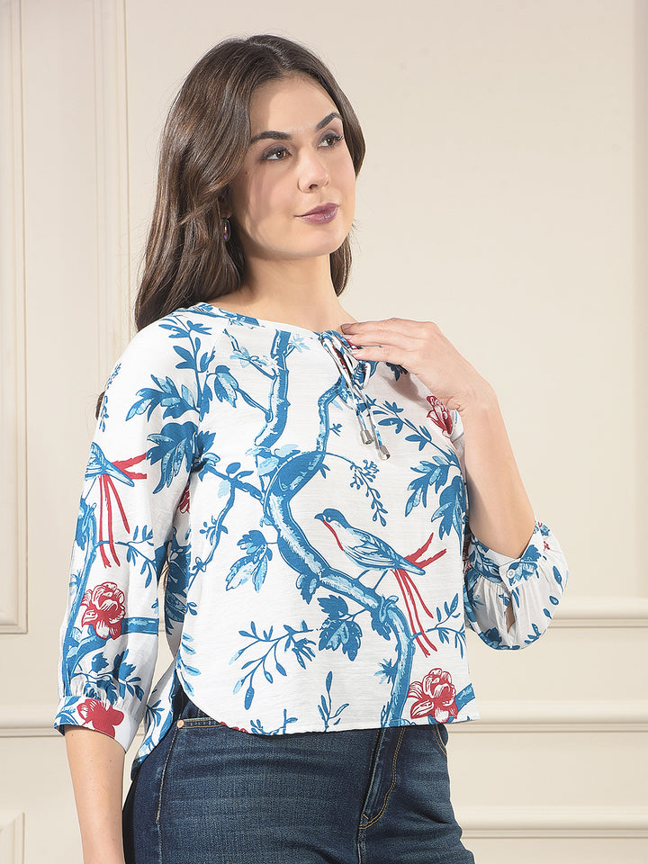Blue Floral Print Longline Shirt