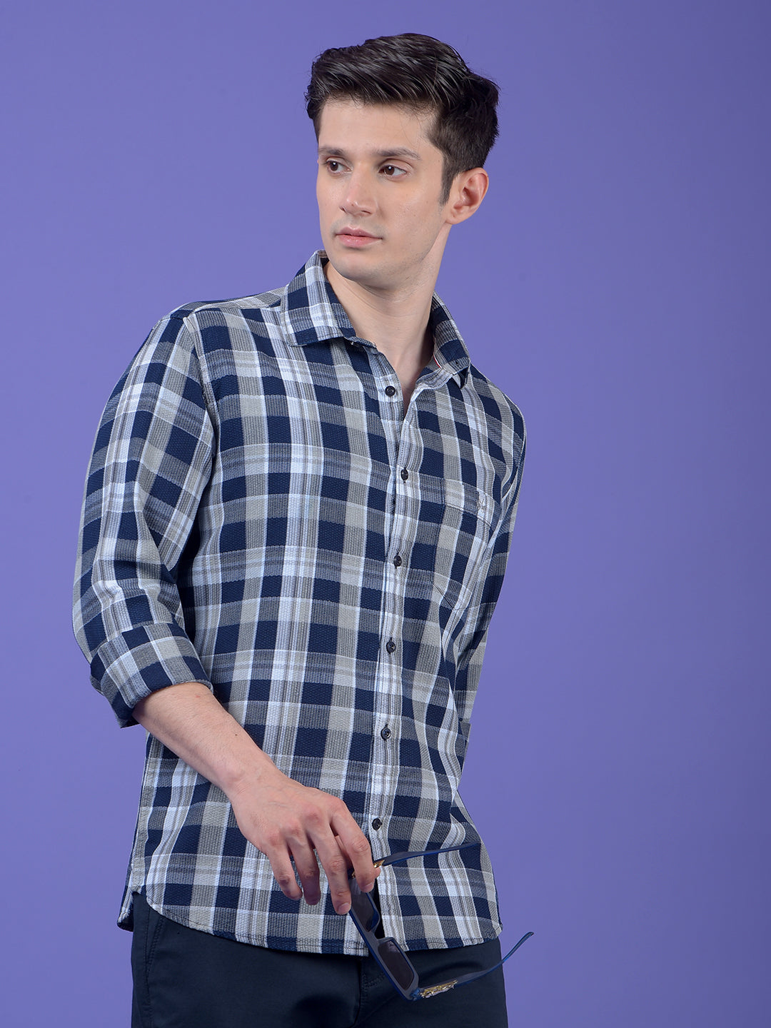 Navy Blue Checked 100% Cotton Shirt