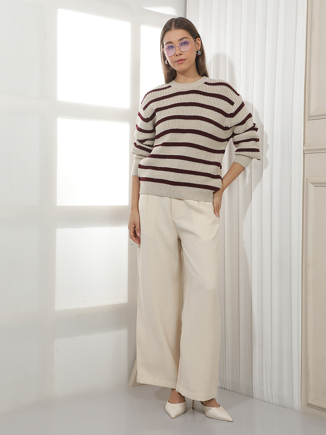 Beige Horizontal Stripes Acrylic Sweater