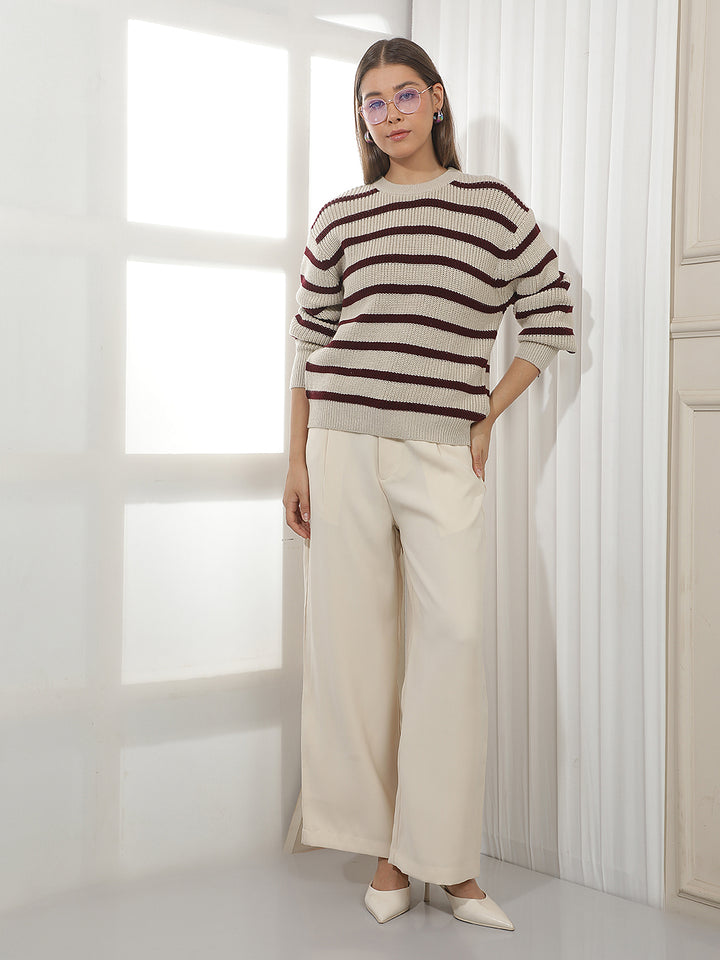 Beige Horizontal Stripes Acrylic Sweater