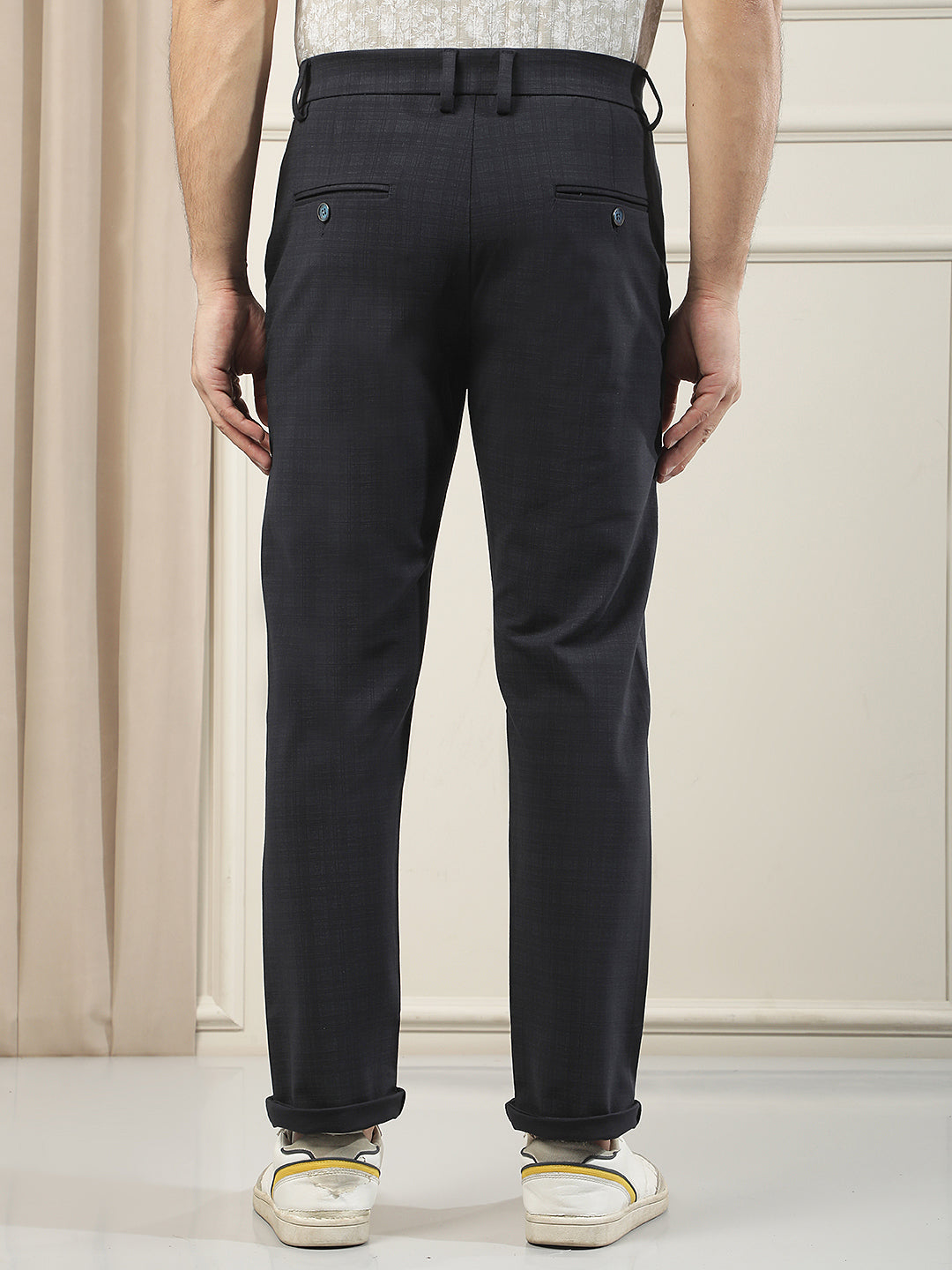 Navy Blue Checked Knitted Trousers