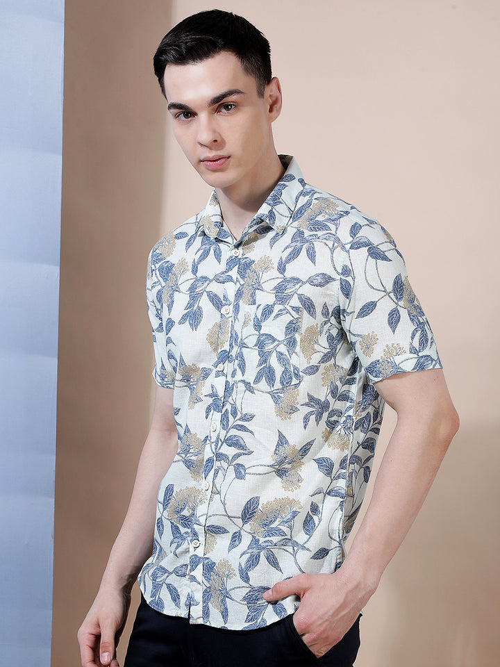 Blue Floral Print Linen Shirt