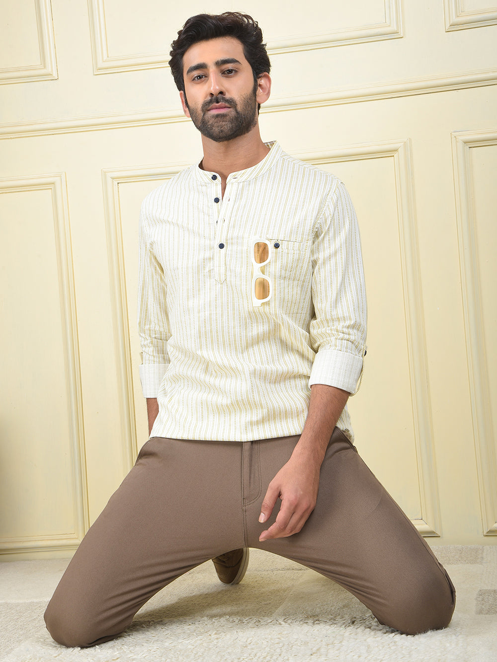Olive Vertical Stripes Knitted Kurta
