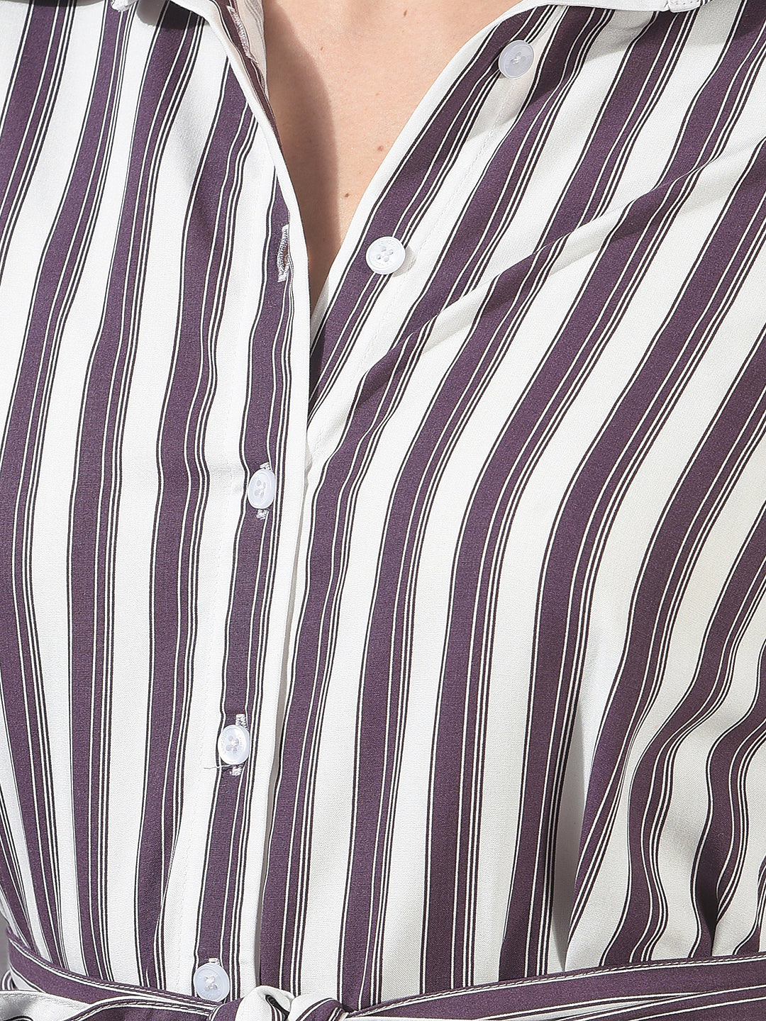 Purple Vertical Stripes Belted Mini Shirt-Dress