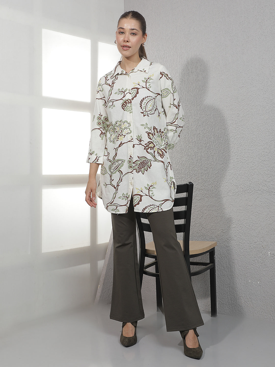 Multi-Color Botanical Print Linen Longline Shirt