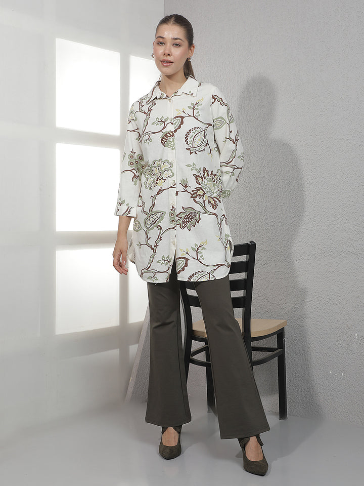 Multi-Color Botanical Print Linen Longline Shirt
